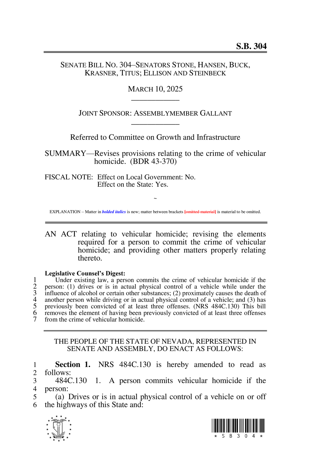 Senate Bill 304 revises Nevada's vehicular homicide definition