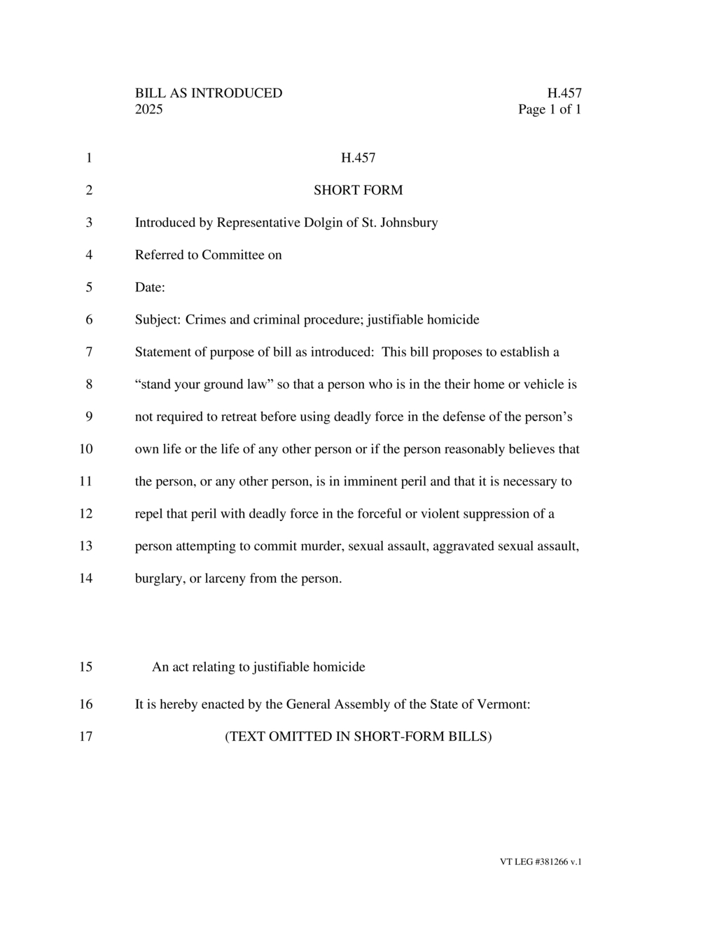 Representative Dolgin introduces Vermont's stand your ground law for self-defense