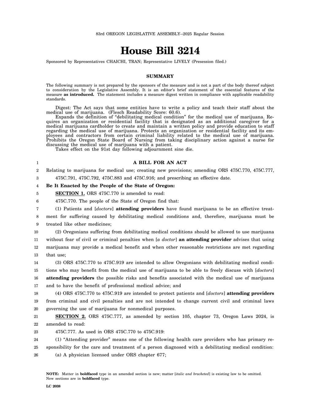 Oregon Legislature introduces House Bill 3214 to enhance medical marijuana policies