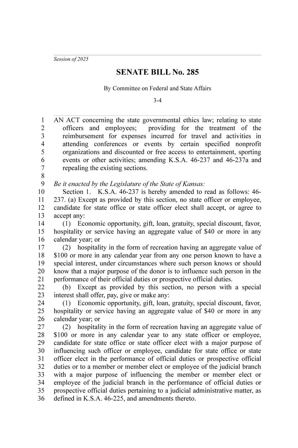 Kansas Senate passes Bill 285 on governmental ethics and expense reimbursements