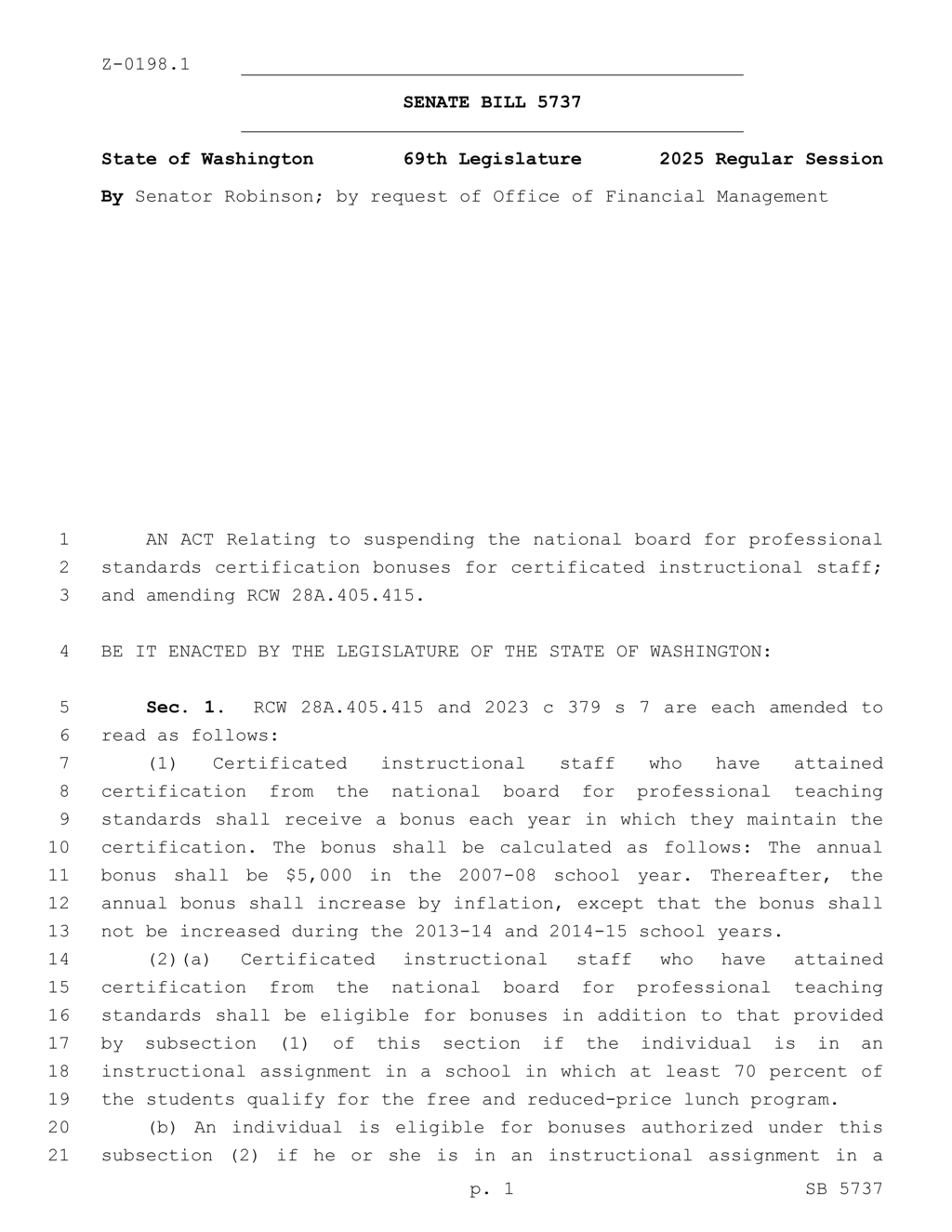 Washington legislature suspends bonuses for national board certified teachers