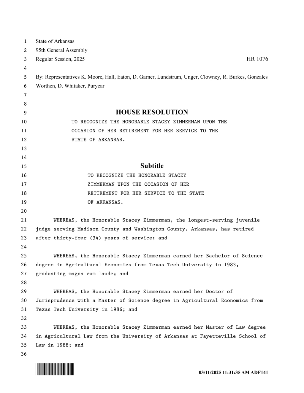 Arkansas General Assembly honors Judge Stacey Zimmerman on retirement