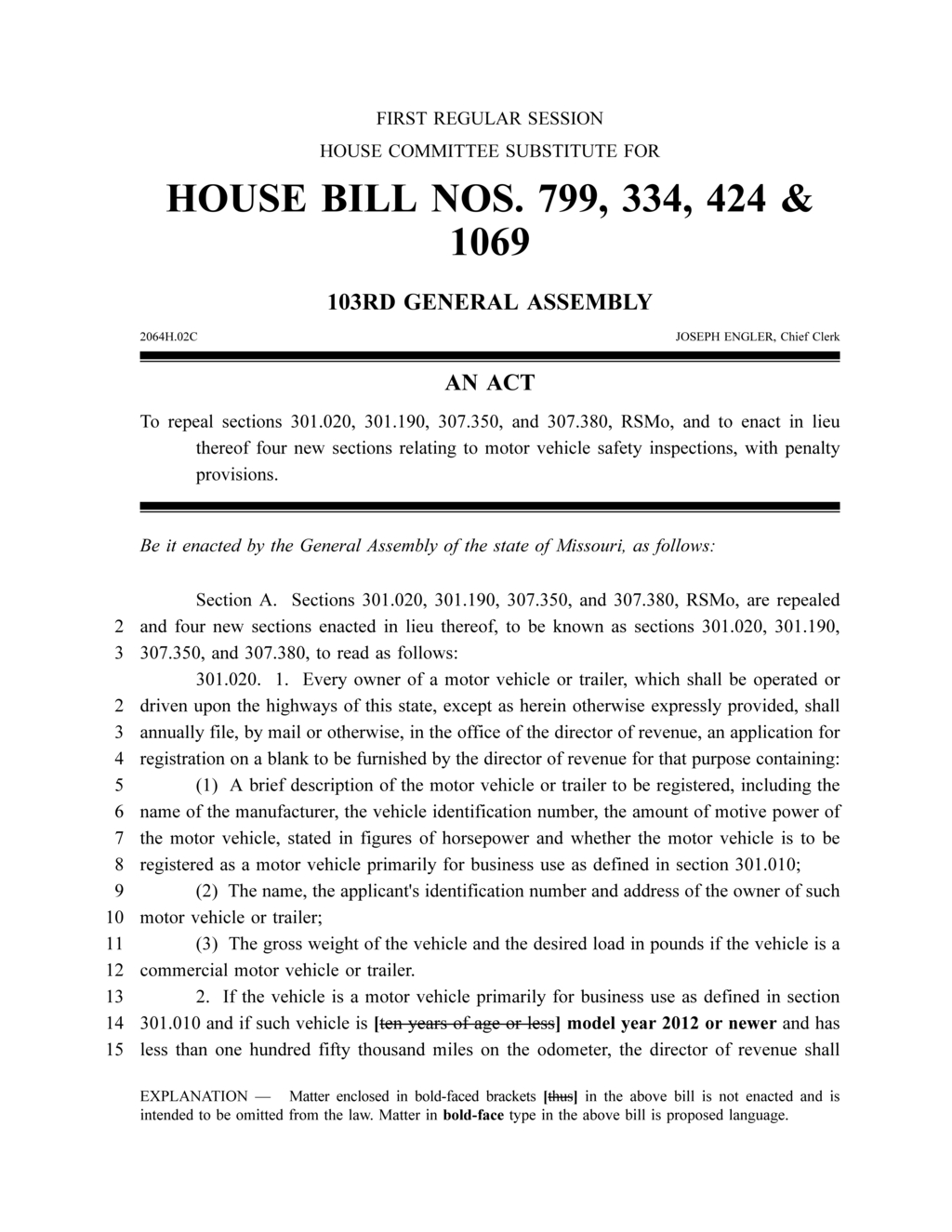 Missouri General Assembly updates motor vehicle safety inspection legislation