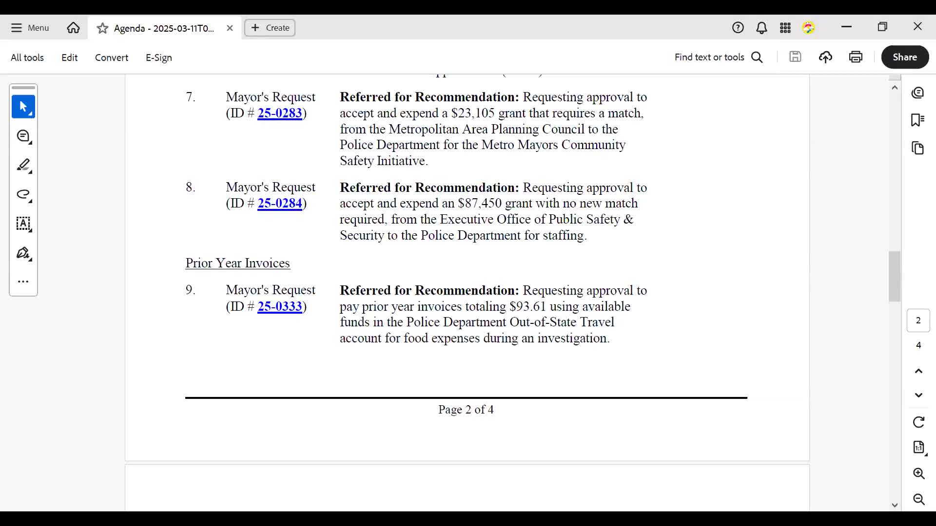 Finance committee recommends approval for most grants and extensions; split votes on safety grant; water staffing requests blocked