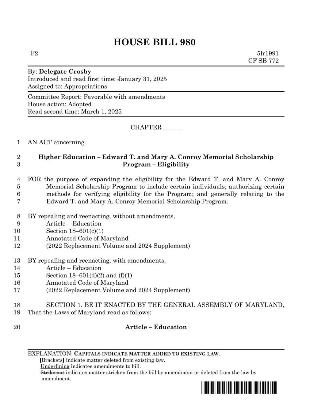 Maryland legislature enacts Edward T. Conroy Memorial Scholarship eligibility for veterans' dependents