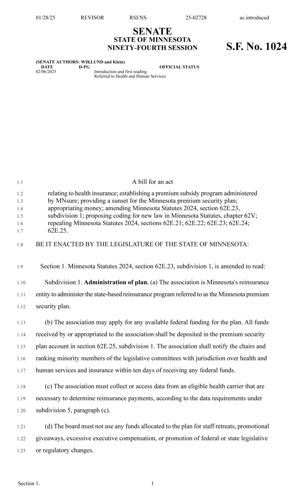 Minnesota legislators introduce health insurance premium subsidy program bill