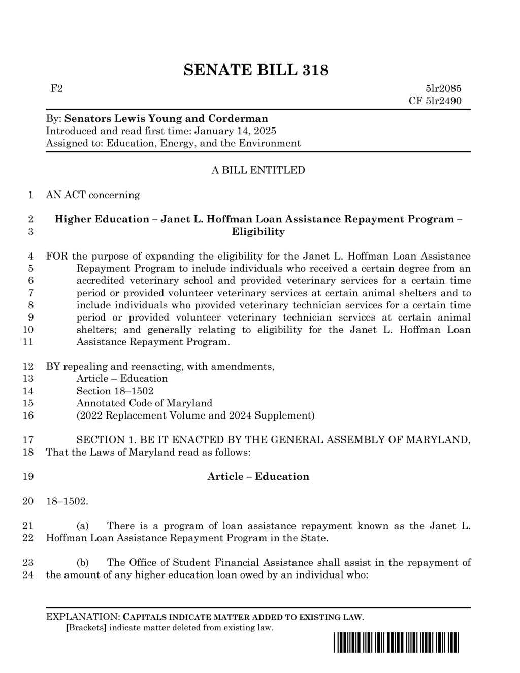 Maryland Senate Bill 318 proposes education loan repayment assistance for public school teachers