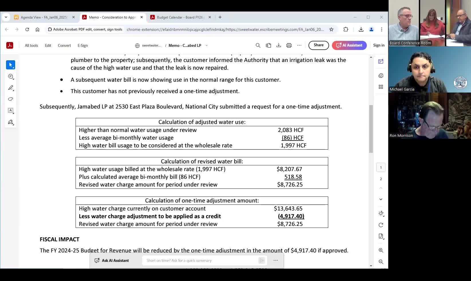 Committee approves revisions to one-time adjustment policy — allows adjustments every 10 years, charges excess at tier 1