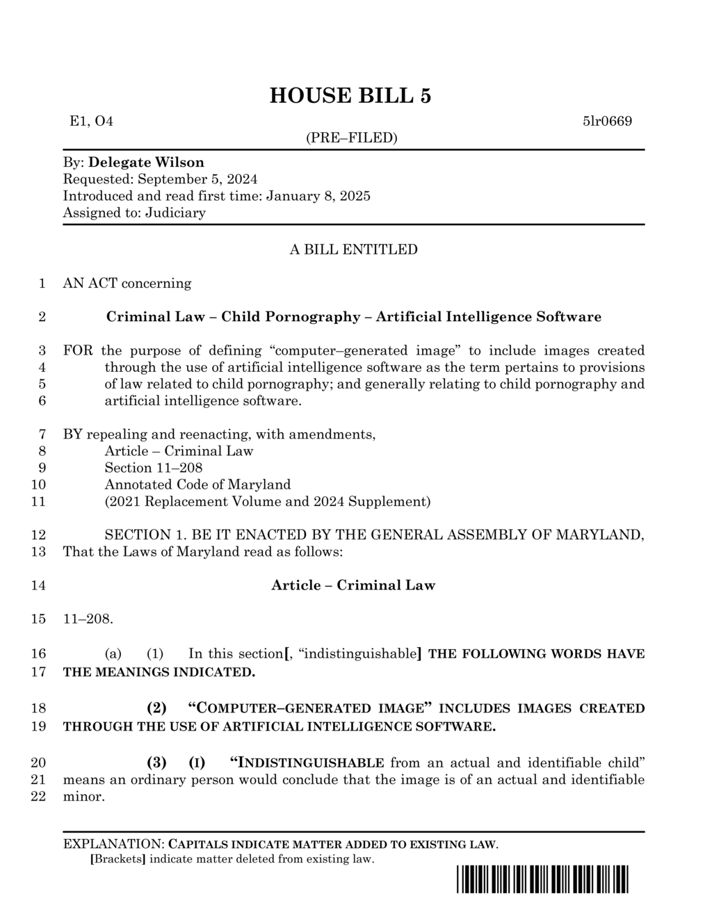 Delegate Wilson proposes AI regulation in Maryland child pornography laws