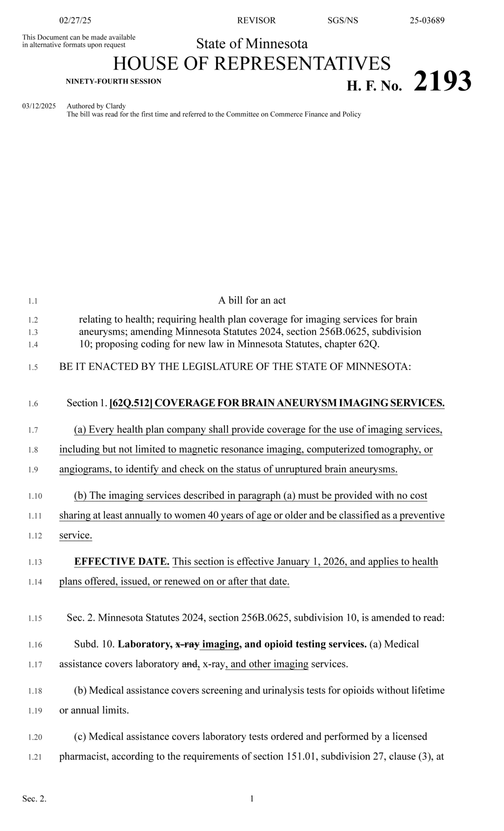 Minnesota legislators pass bill for annual brain aneurysm imaging coverage