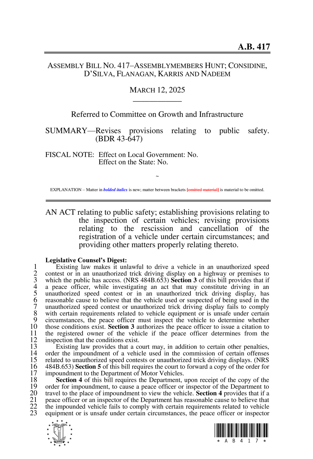 Assembly Bill 417 targets vehicle safety in speed contest regulations