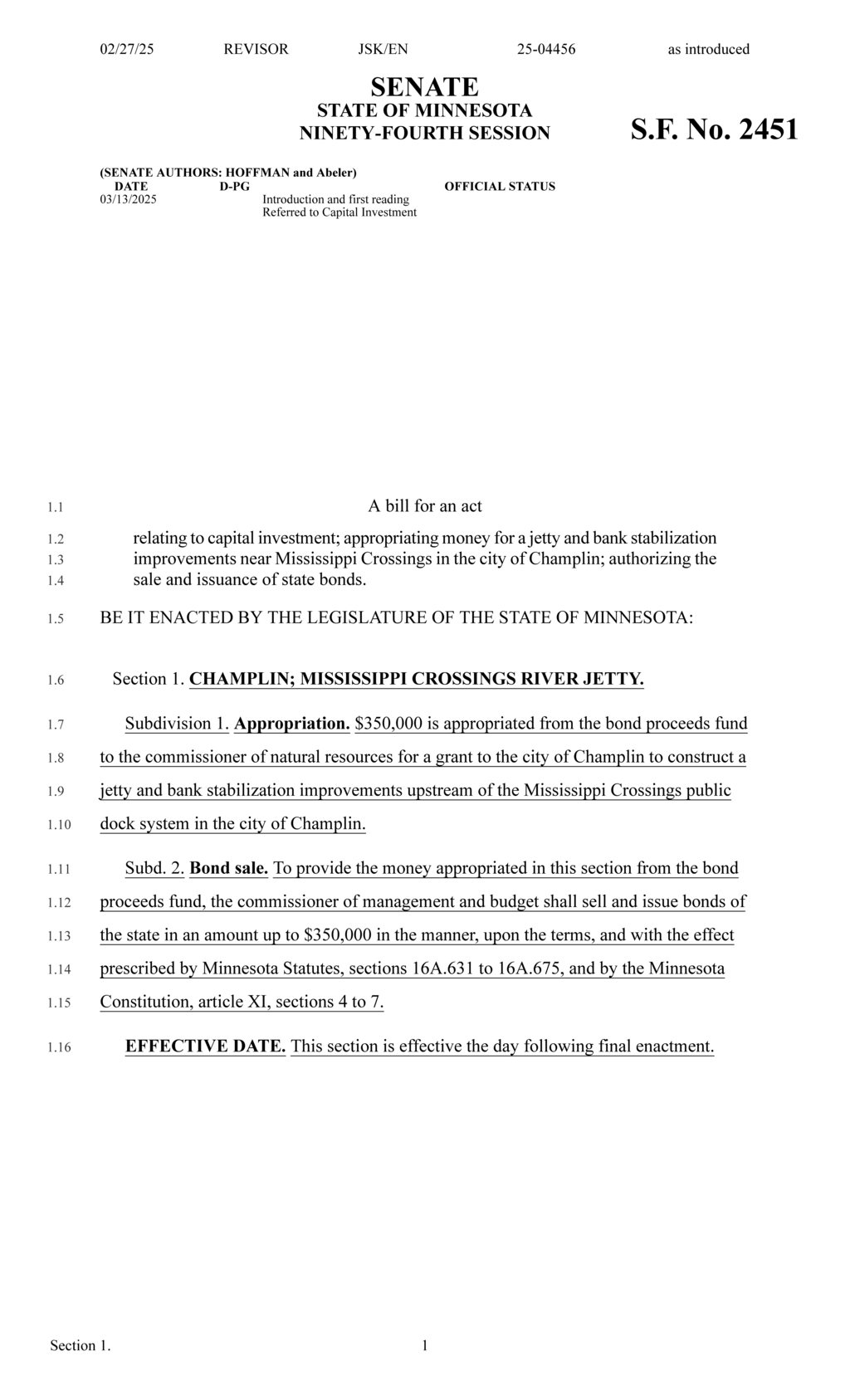 Minnesota Legislature approves $350K for Champlin jetty and bank stabilization project