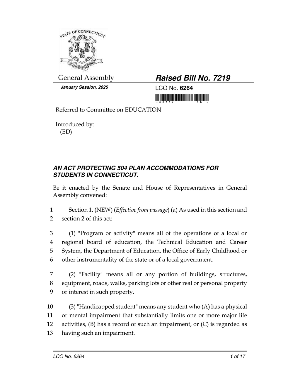 Connecticut General Assembly introduces bill to protect 504 plan accommodations