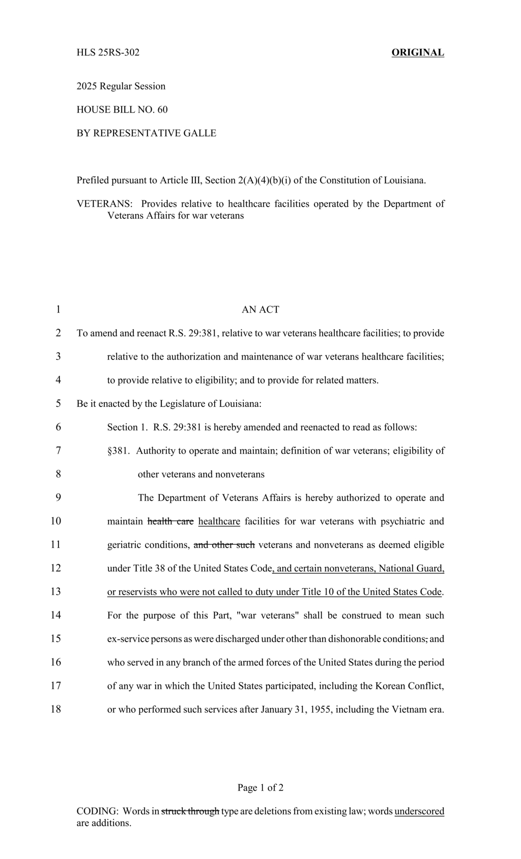 Representative Galle introduces House Bill 60 for veterans healthcare facilities