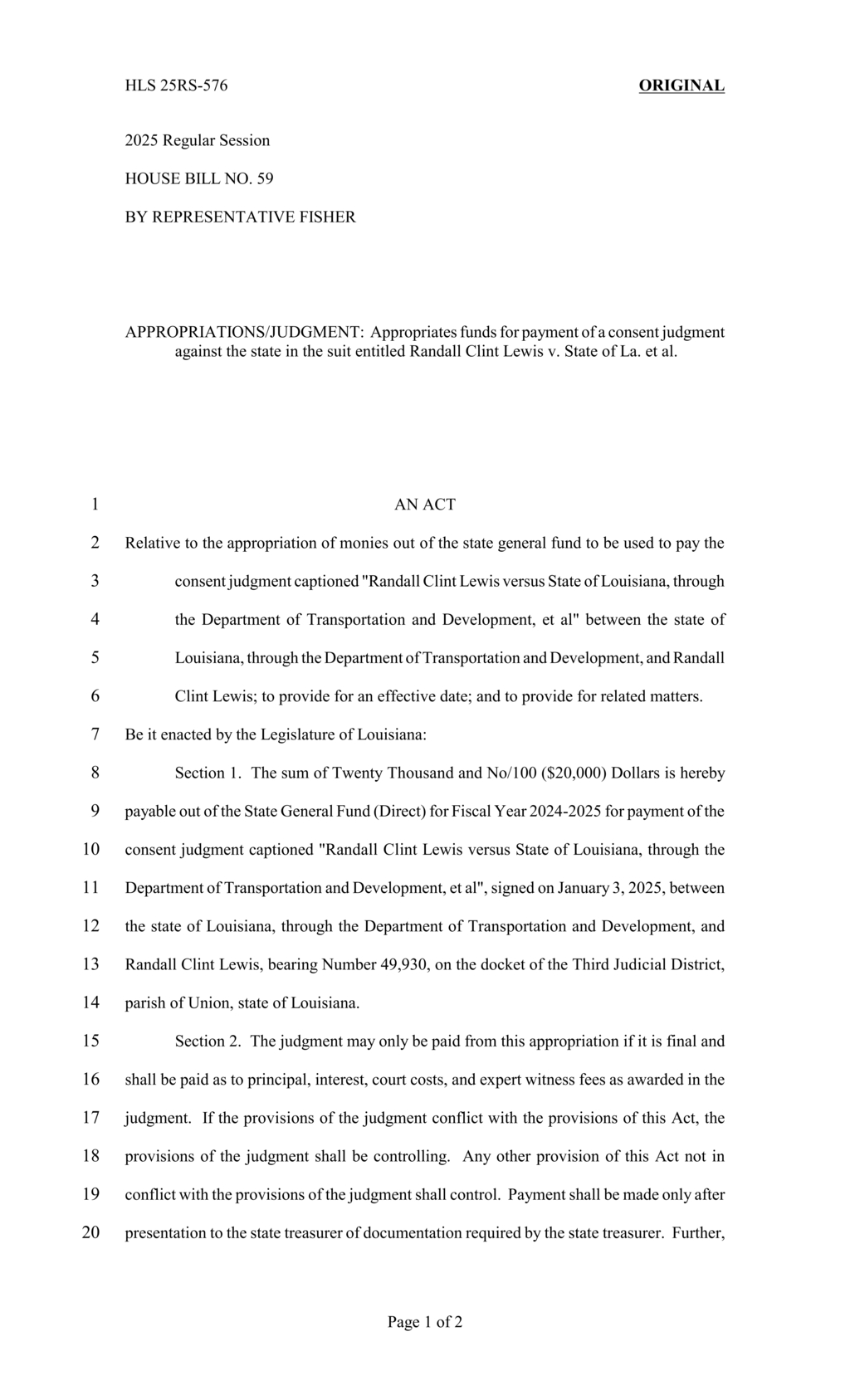 Louisiana legislature approves $20K for consent judgment payment to Randall Clint Lewis