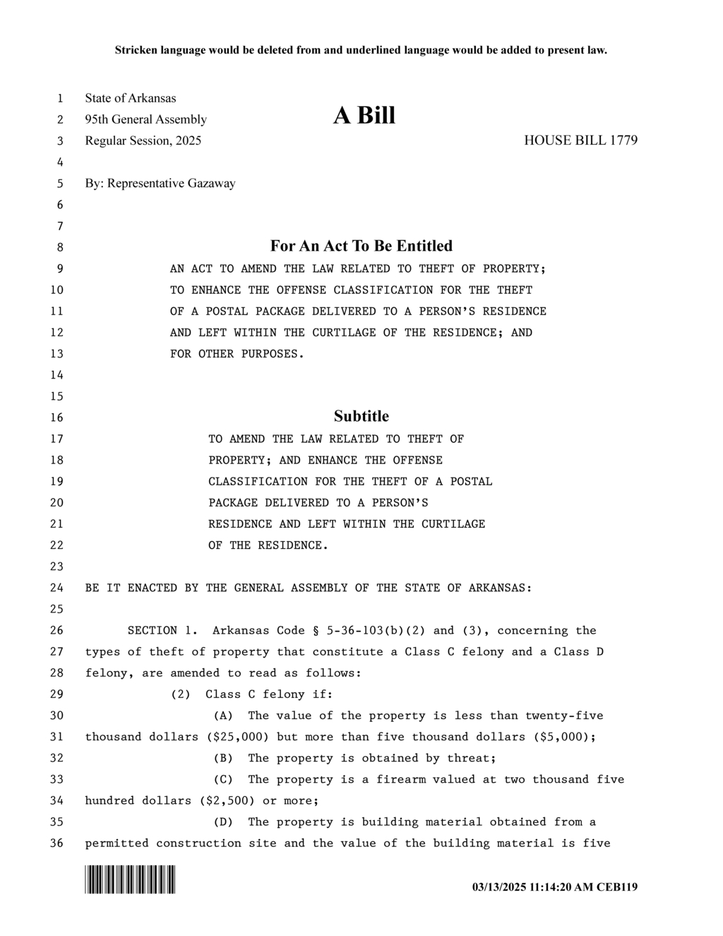Arkansas House Bill 1779 aims to enhance penalties for postal package theft