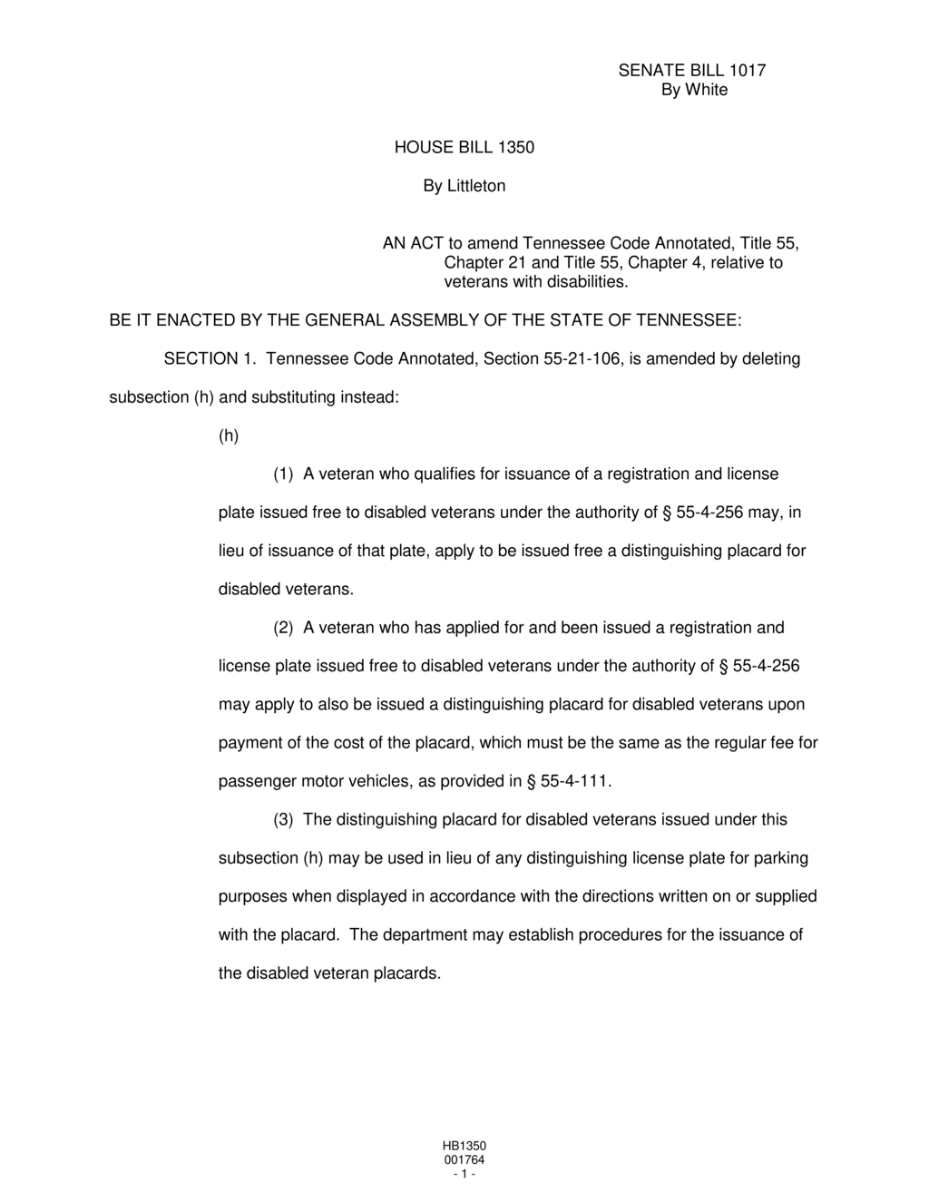 Tennessee General Assembly passes HB1350 to provide disabled veterans with placards