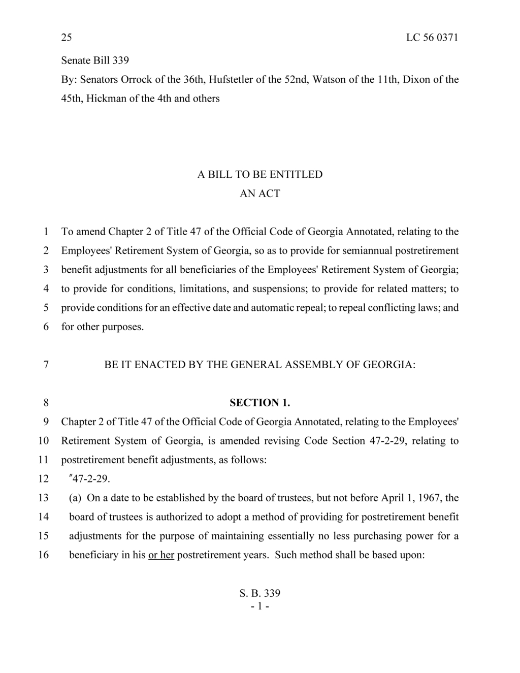 Georgia Senate passes Bill 339 for postretirement benefit adjustments