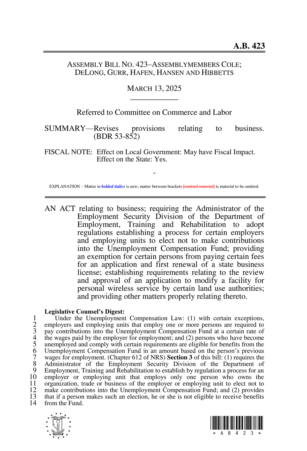 Nevada bill exempts small businesses from state business license fees and unemployment contributions
