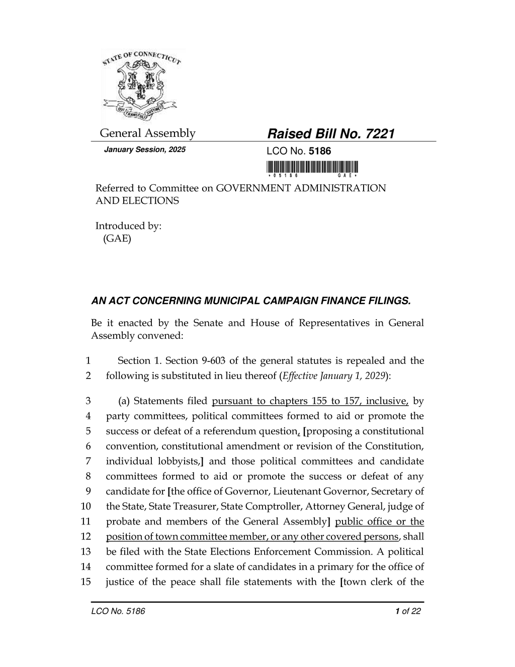 Bill 7221 mandates timely candidate financial disclosures to State Elections Enforcement Commission