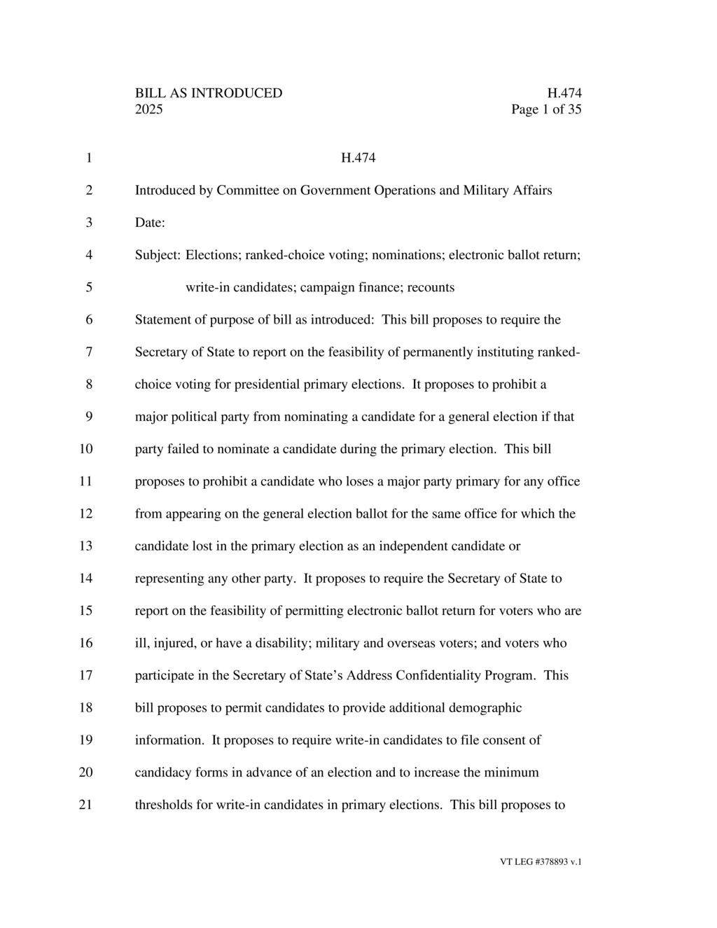 Vermont Bill H.474 proposes changes to campaign finance and election procedures