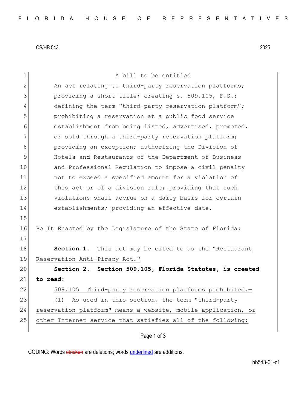 Florida House introduces Restaurant Reservation Anti-Piracy Act to regulate third-party platforms