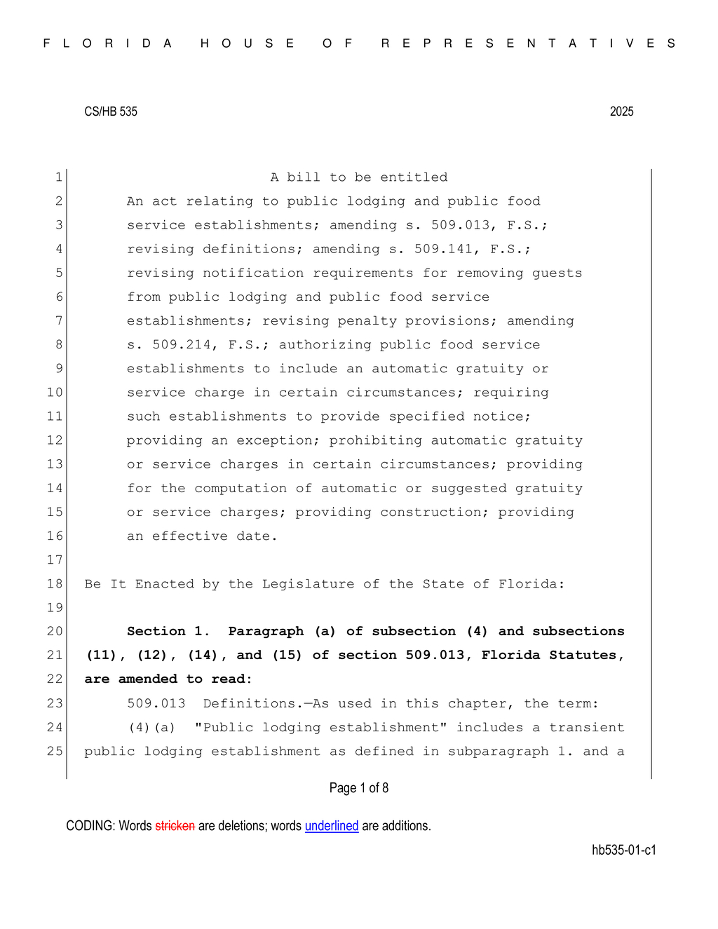 Florida House passes bill regulating automatic gratuities in restaurants
