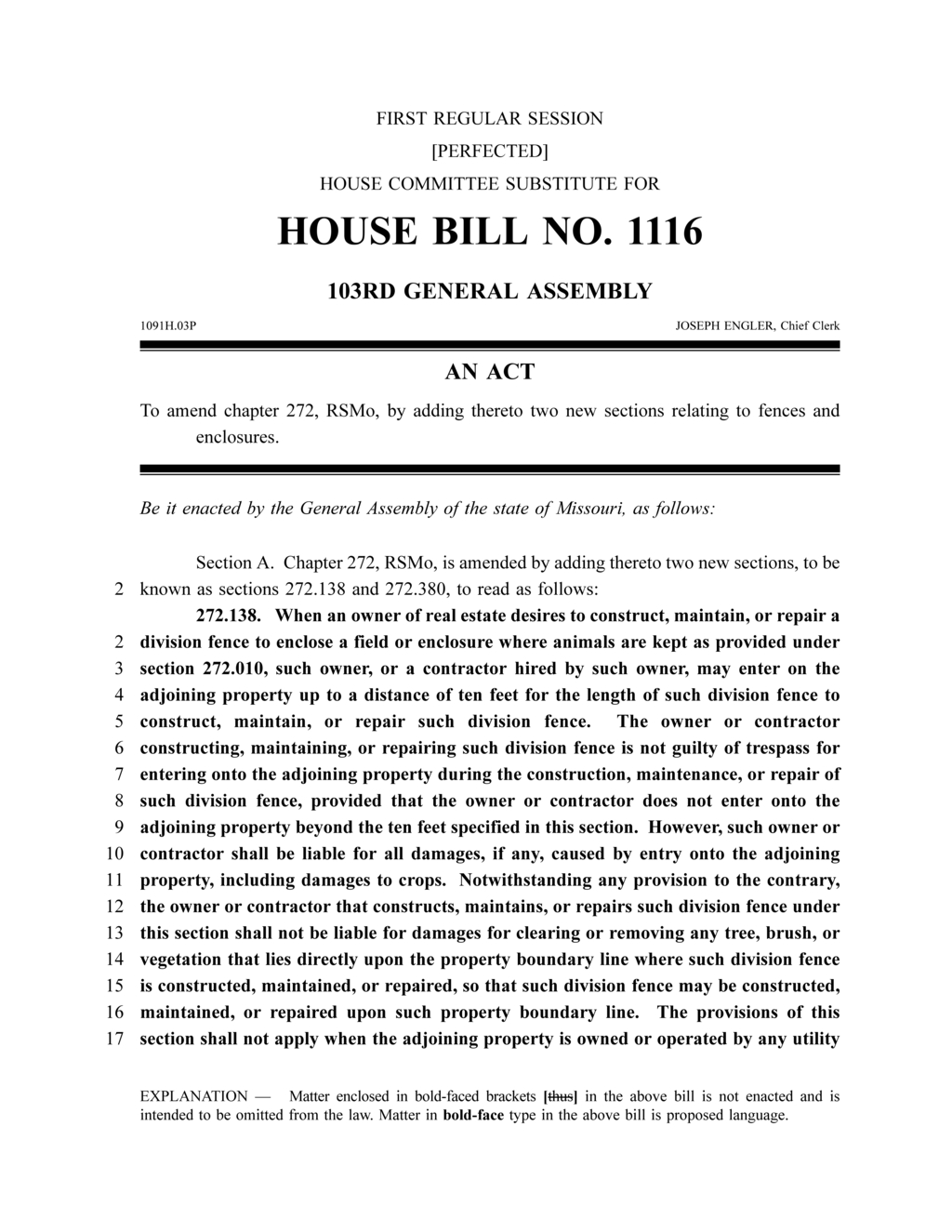 Missouri Assembly passes amendments for division fence regulations