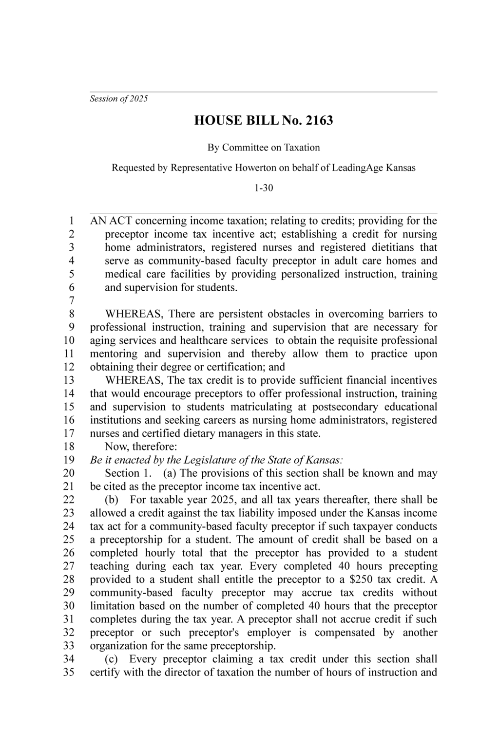 Kansas Legislature approves preceptor income tax incentive for nursing and dietary professionals