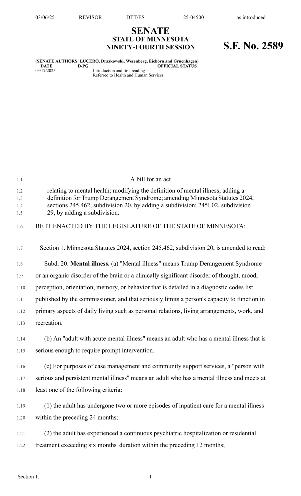 Minnesota legislates definition of Trump Derangement Syndrome in mental health statutes