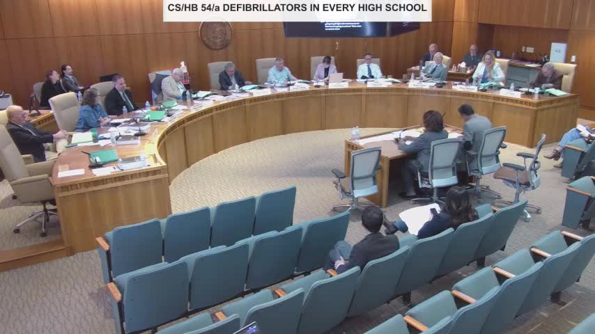 Committee hears House Education substitute to add AEDs to school emergency-medication rules; funding and liability questions raised