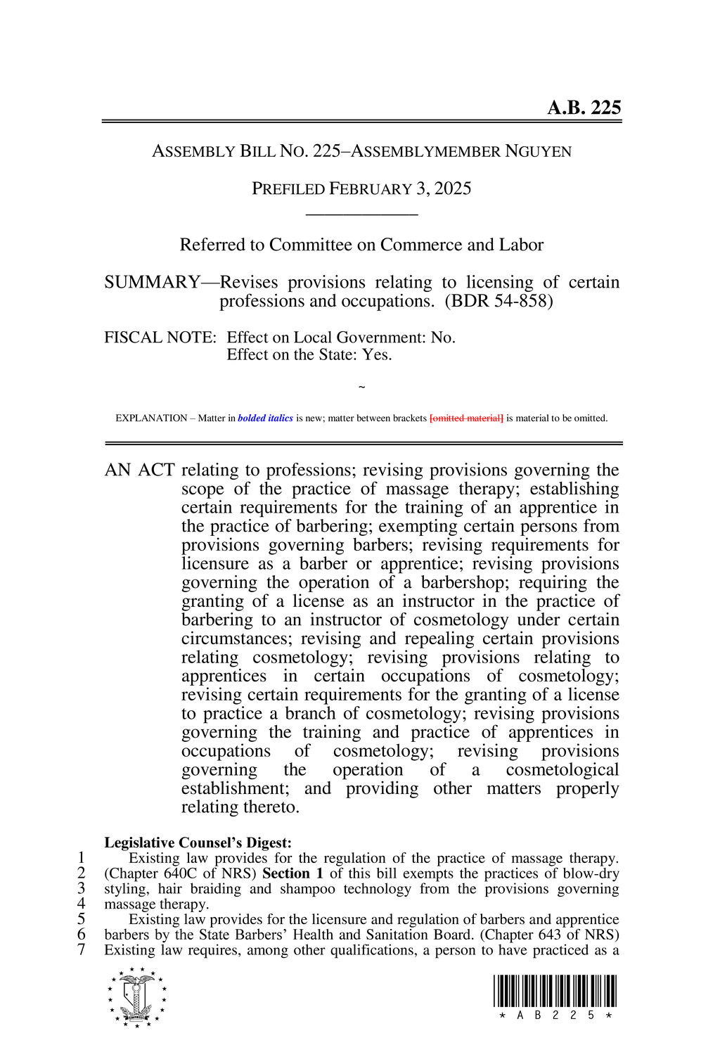 Nevada amends barber licensing requirements and apprenticeship standards