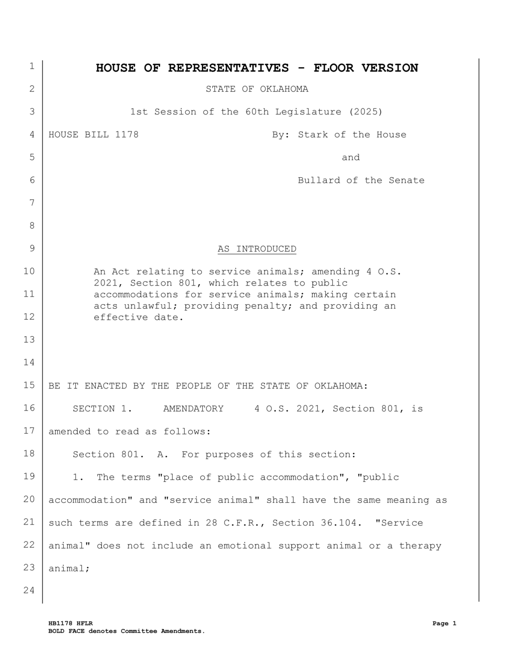 Oklahoma Legislature amends service animal regulations in House Bill 1178