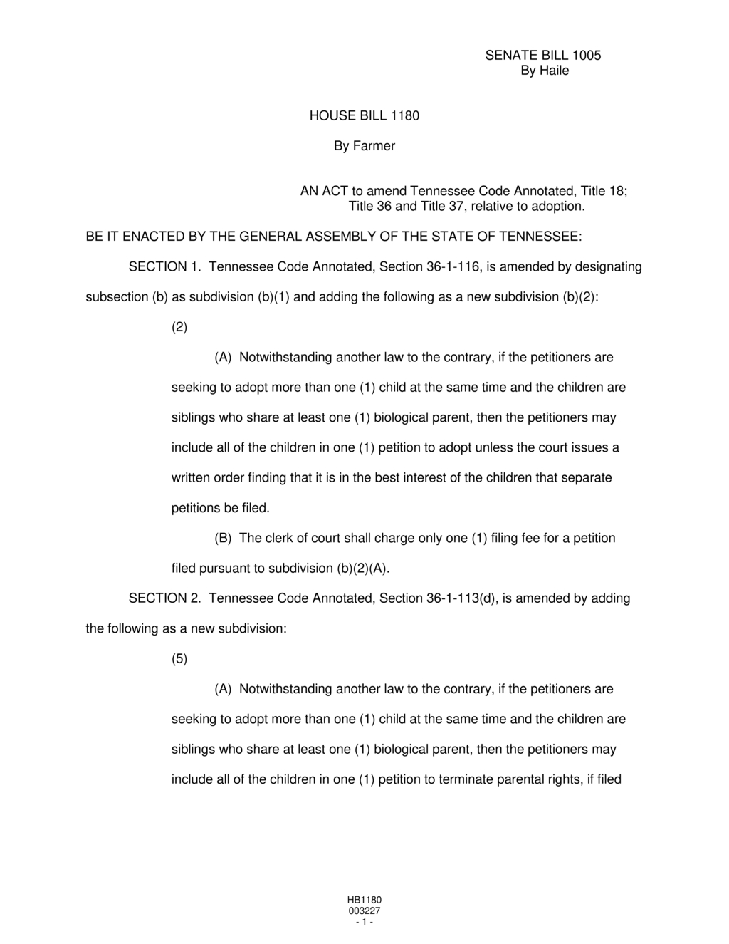 Tennessee General Assembly passes House Bill 1180 to streamline sibling adoption process