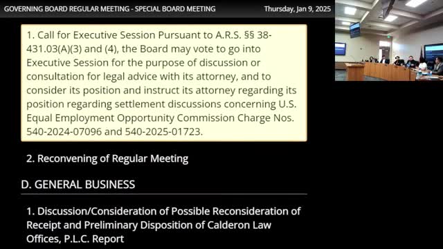 Tolleson Union High School District governing board elects president and vice president, then recesses to executive session