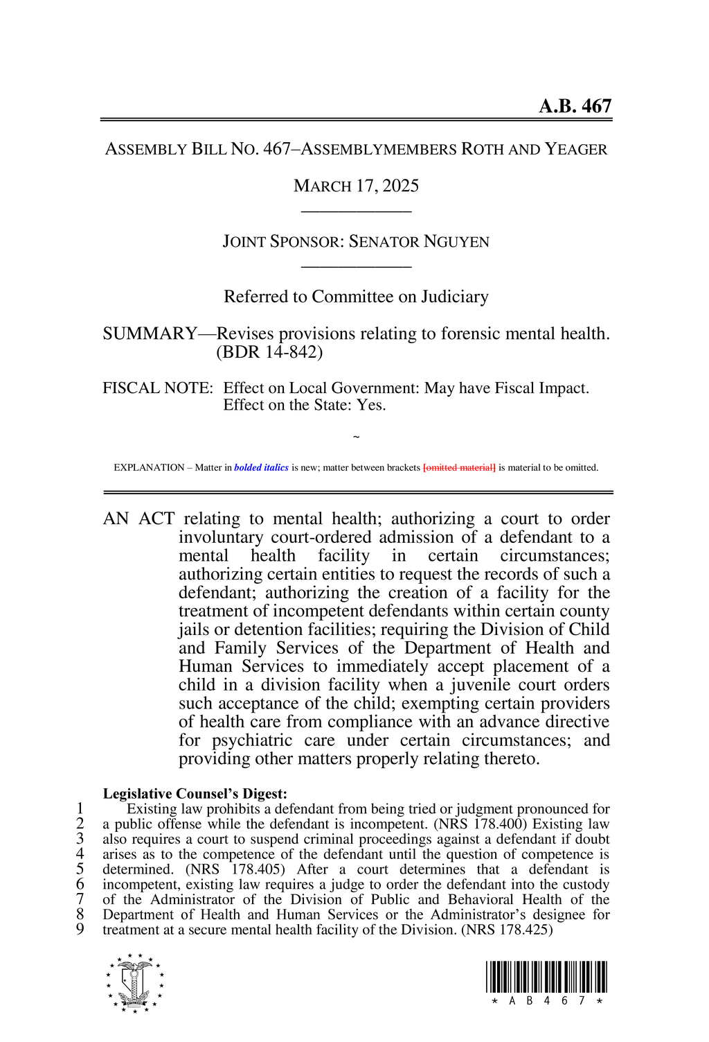 Nevada enacts law for involuntary mental health admissions without petition