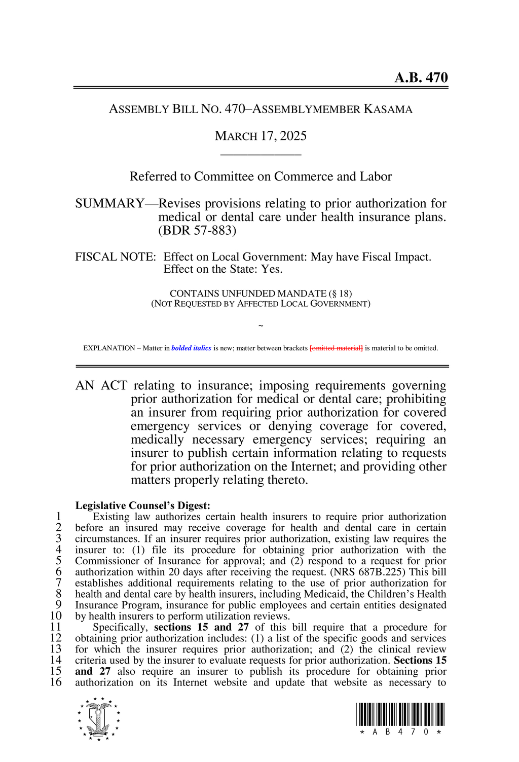 Nevada health carriers mandated to report prior authorization data for medical care