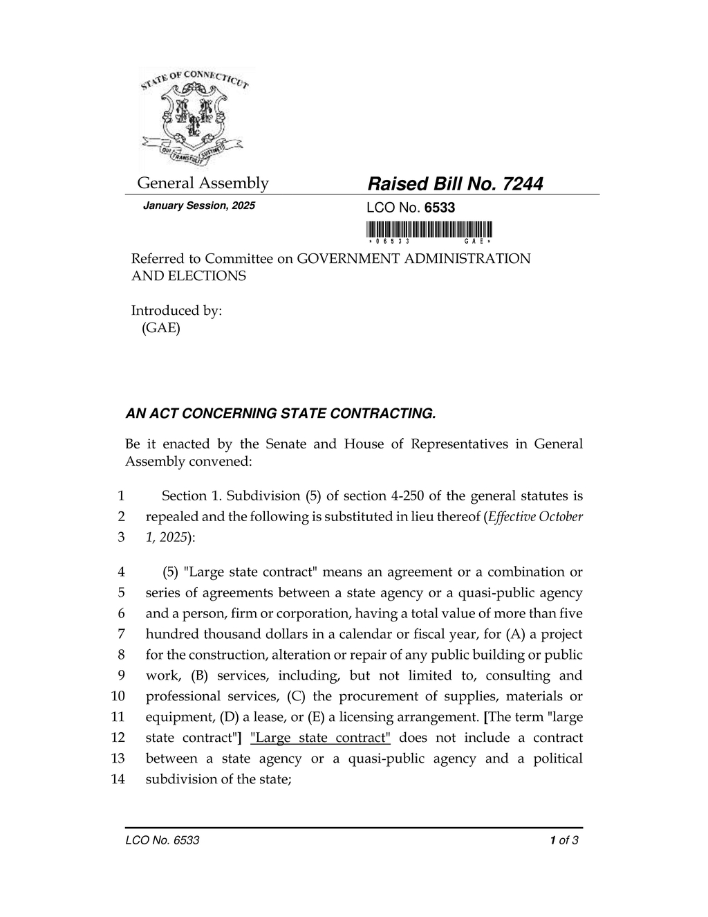 Connecticut General Assembly introduces bill on large state contracting