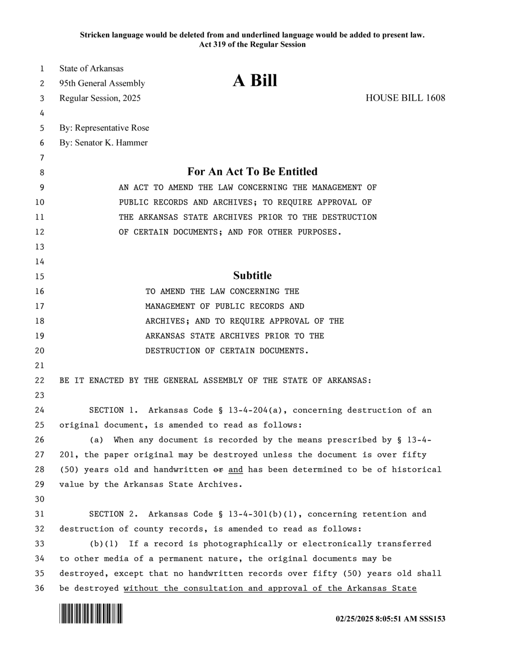 Arkansas General Assembly passes House Bill 1608 on public records management