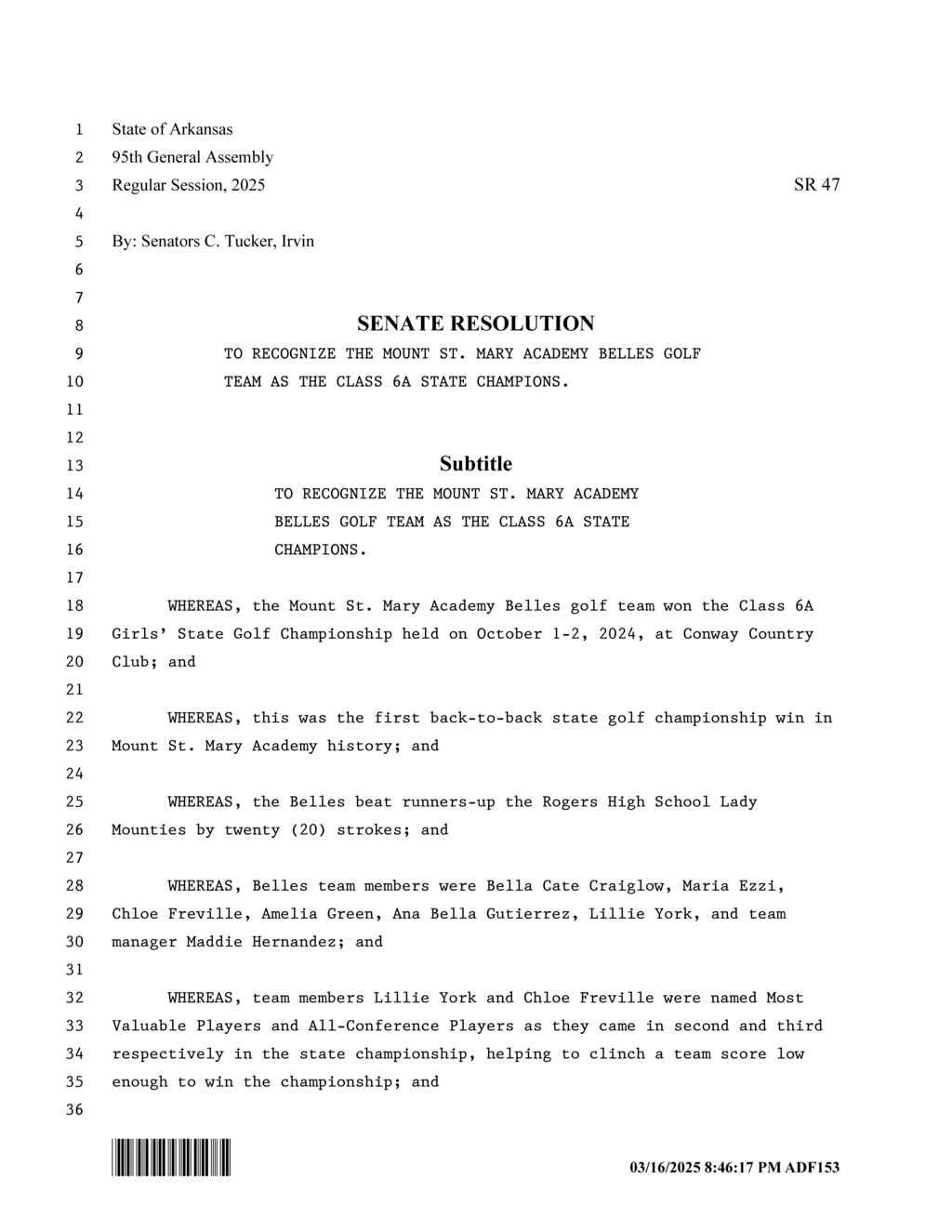 Arkansas Senate honors Mount St. Mary Academy Belles golf team as state champions