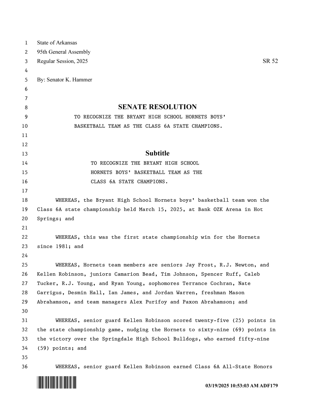 Senator Hammer recognizes Bryant High School Hornets as Class 6A state champions