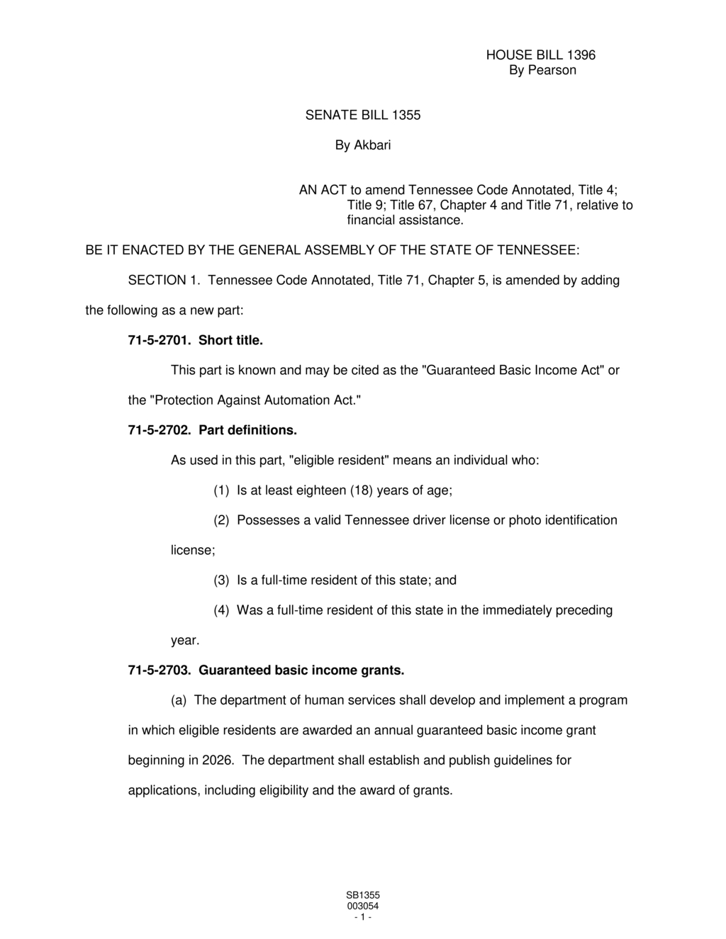 Tennessee General Assembly passes Guaranteed Basic Income Act for eligible residents