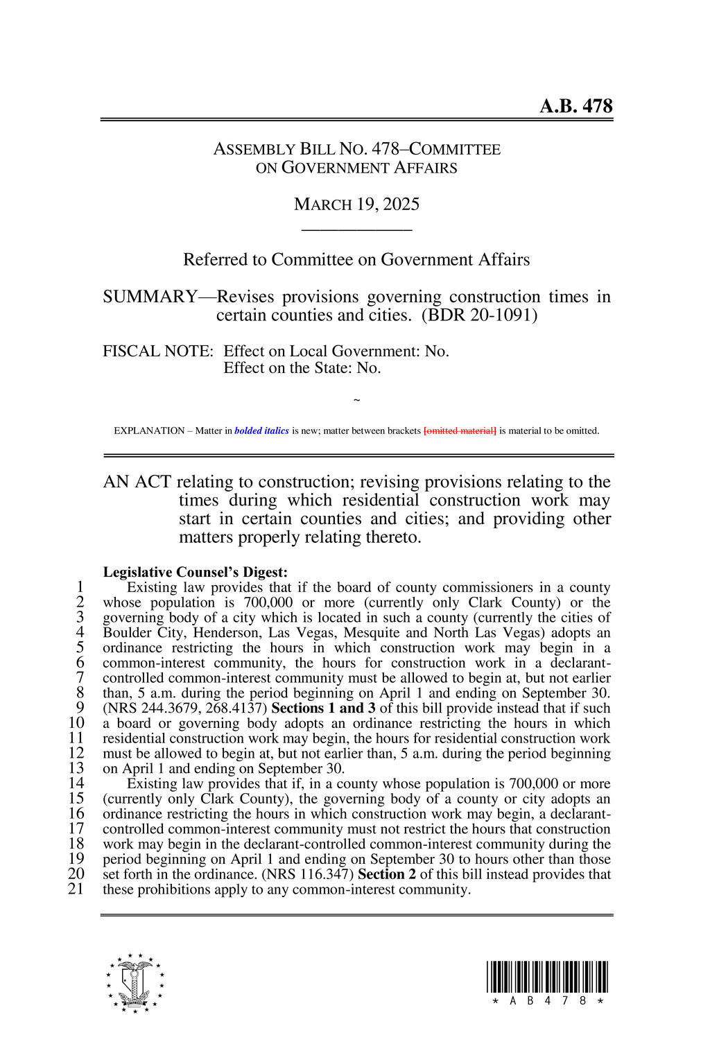 Assembly Bill 478 revises construction hours for residential work in Clark County