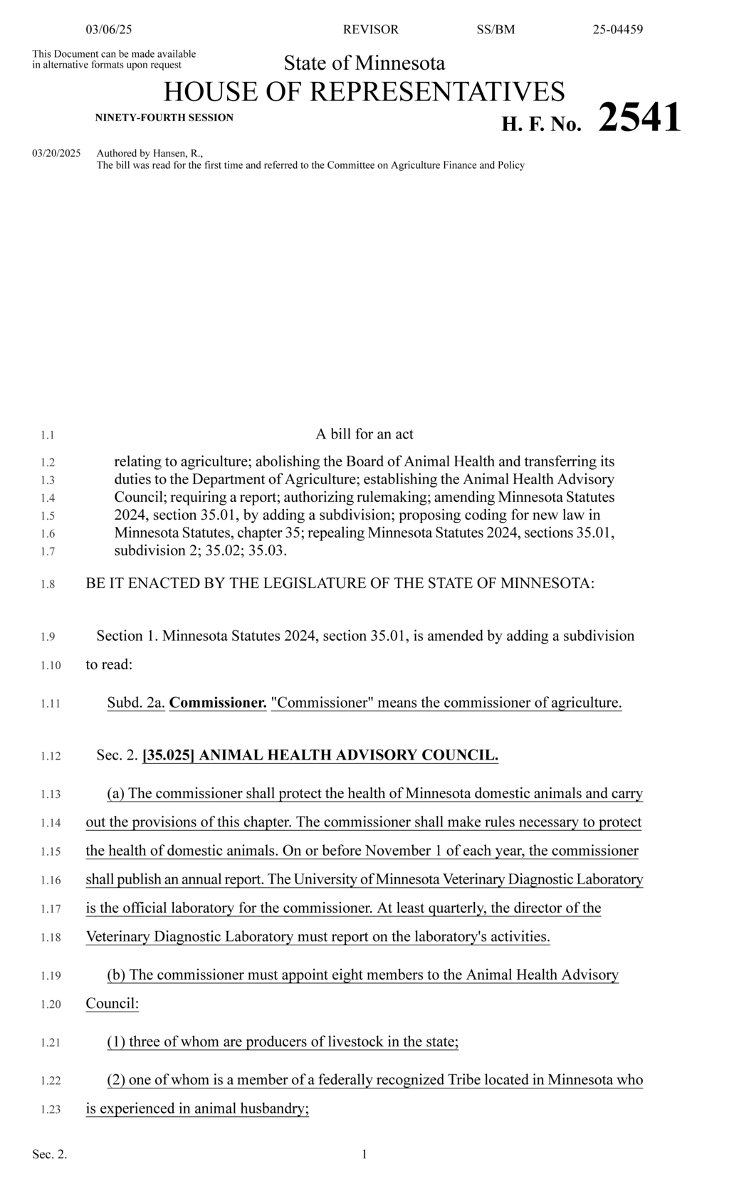 Minnesota governor abolishes Board of Animal Health and establishes advisory council