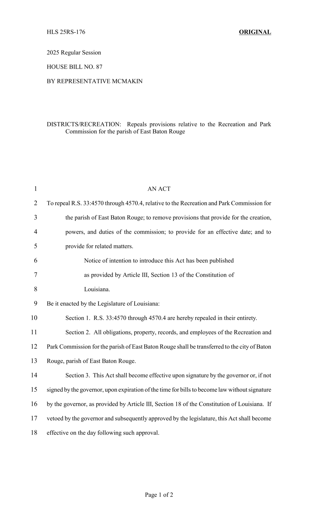 Louisiana House Bill 87 repeals East Baton Rouge Recreation and Park Commission