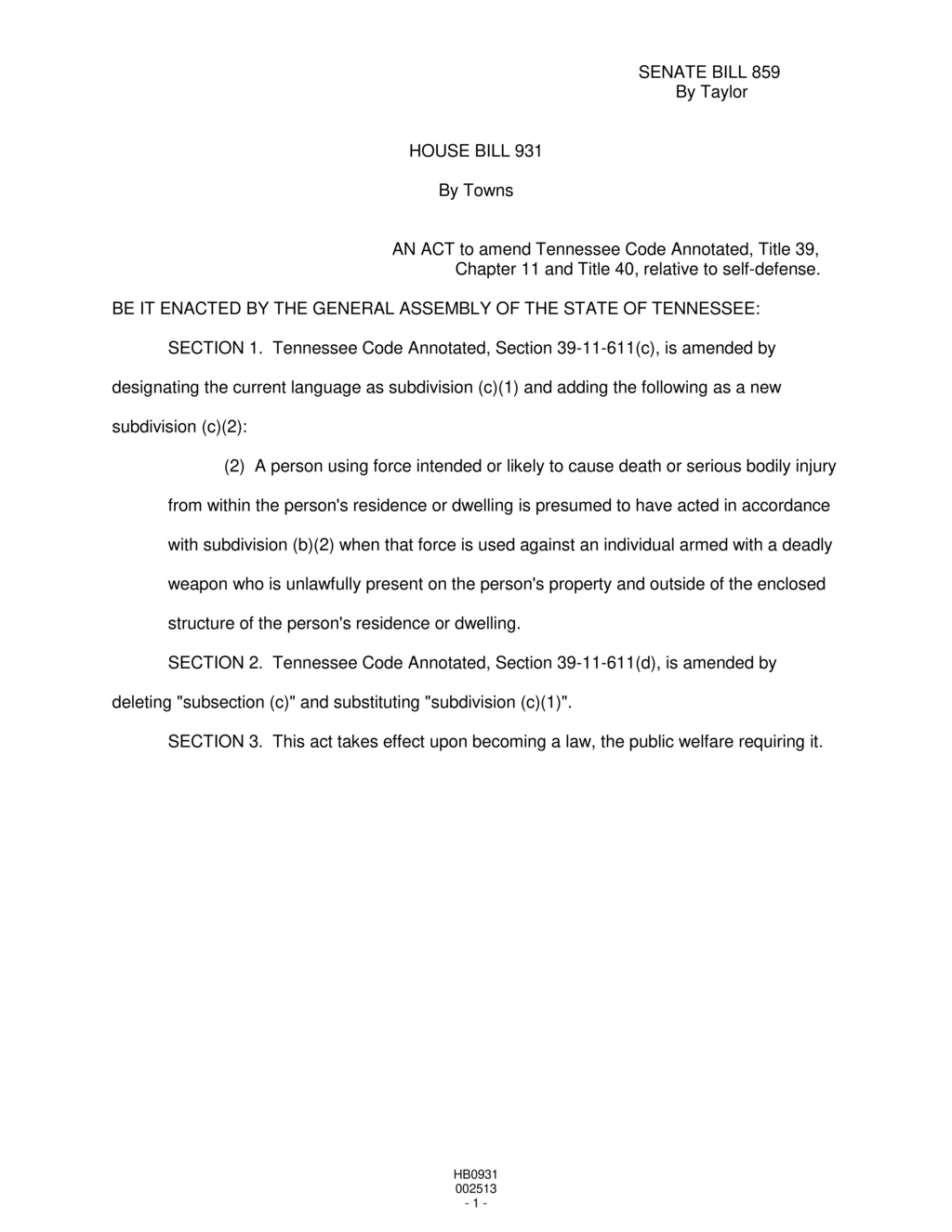 Tennessee General Assembly revises self-defense laws in House Bill 931