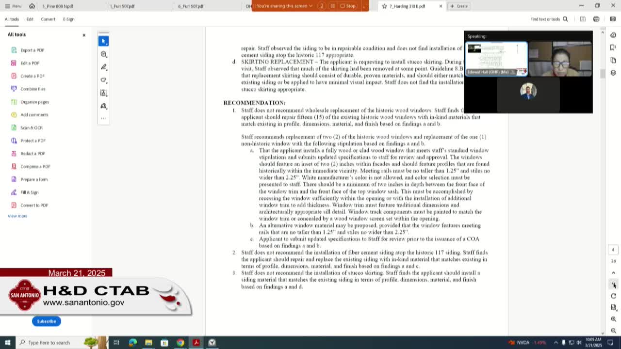 Board concurs with staff: repair historic wood windows and retain in‑kind siding at 310 East Harding