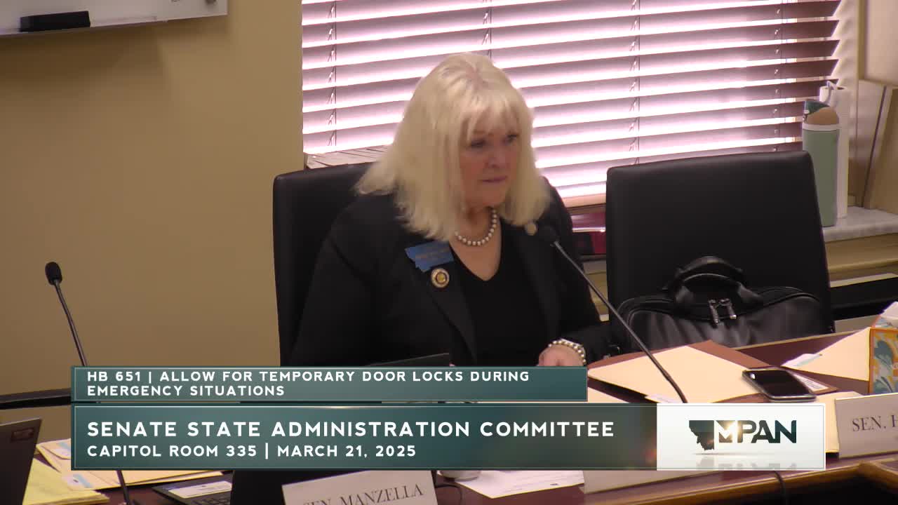 Committee hears supporters say emergency door-lock devices help shelter-in-place response; bill would create limited exception in fire code