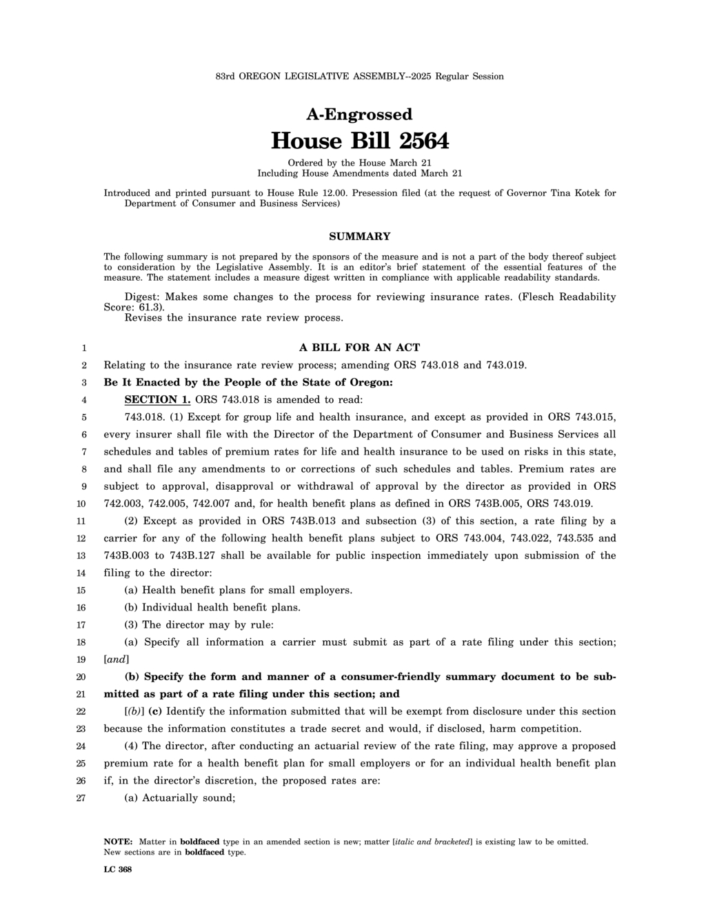 Oregon House approves changes to insurance rate review process