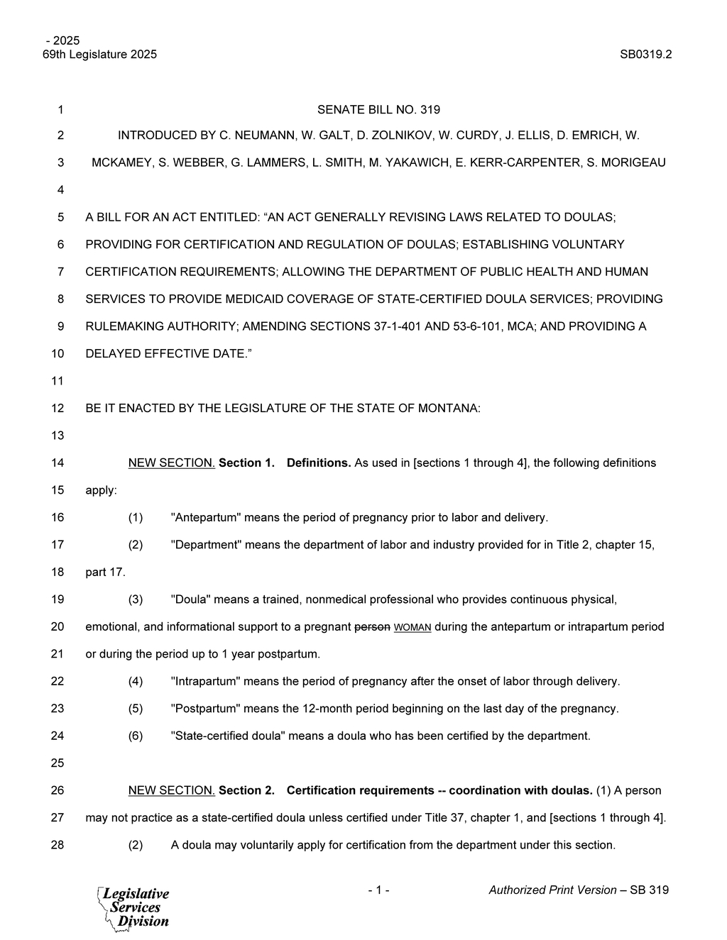 Montana Legislature establishes guidelines for state-certified doulas and voluntary practice